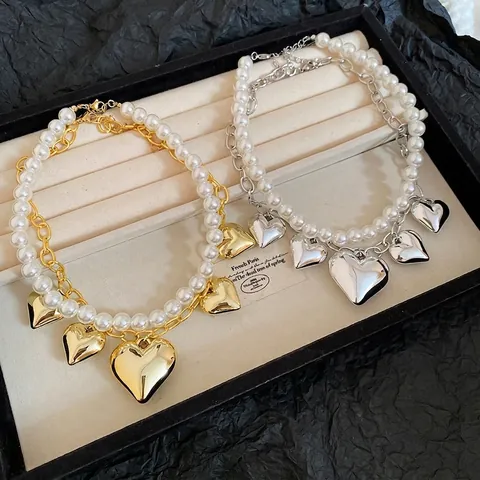 Collana A Doppio Strato Di Künstliche Perle Con Pendenti A Cuore In Lega Catena Da Clavicola Di Moda Per Donna Stile Retrò
