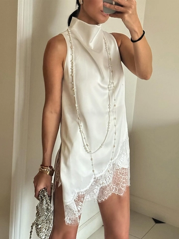Elegant White Satin Sleeveless Blouse High Neck Eyelash Lace Trim Irregular Hem Solid Color Women Social Top