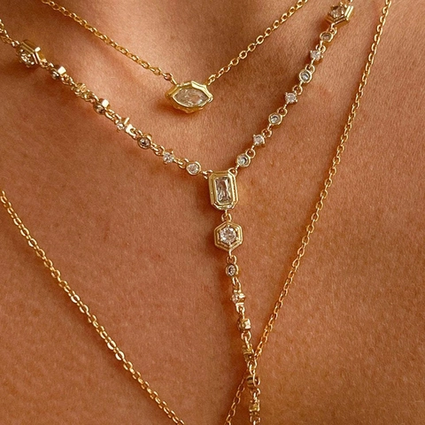 Geometric Zircon Pendant Necklace Copper Gold Plated Layered Minimalist Y Shape Jewelry For Women Elegant