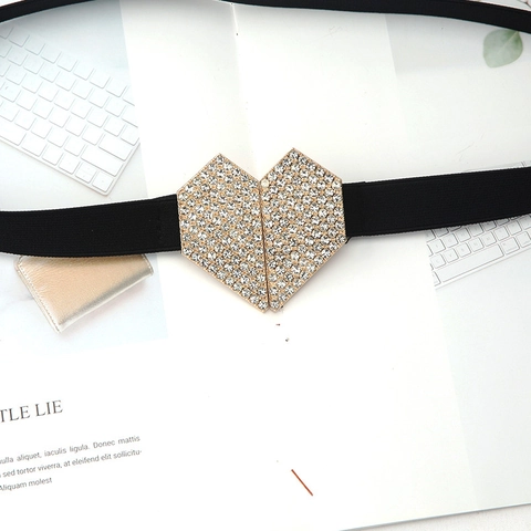 Vrouwen Elegante Franse Stijl Elastische Corsetriem Hart Strass Ingelegde Gouden Gesp Tailleriem Voor Jurken Zwart