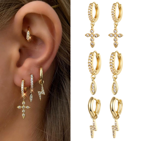 Huggie Hoop Earrings With Cross Lightning Marquise Pendant Copper 18K Gold Plated Cubic Zirconia Dangle For Women