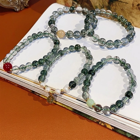 Pulsera De Cuentas De Cristal De Cuarzo Fantasma Verde Con Perla Agua Dulce Estilo Chino Vintage Elegante Mujer