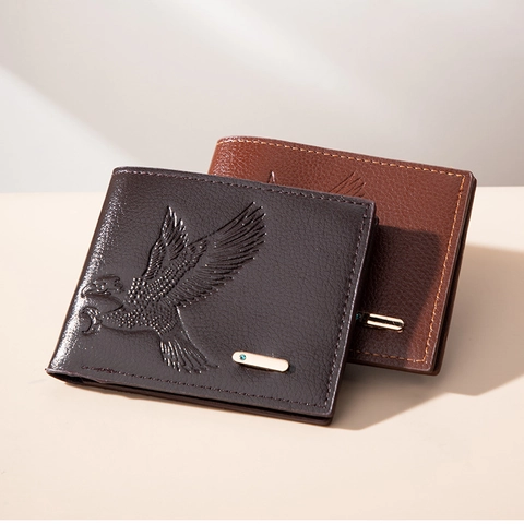 Mens Wallet PU Leather Eagle Embossed Short Bifold RFID Blocking Minimalist Storage Business Casual Credit Card Holder