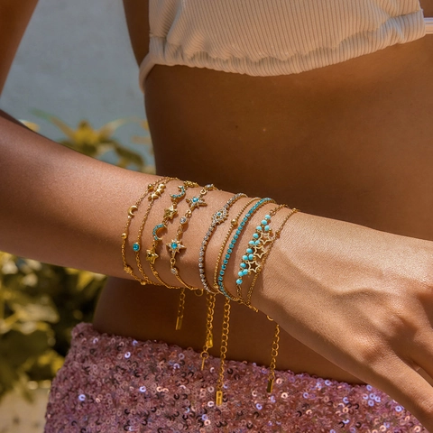 Vergoldetes Edelstahl Armband Damen Stern Mond Böser Blick Blauer Strass Böhmischer Zierlicher Wasserdichter Schmuck