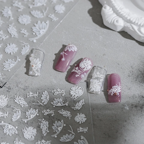 Reliëf Nagelkunst Stickers Witte Madeliefje Bloem Ontwerpen Zelfklevend Elegante Manicure Decoraties Voor Vrouwen Meisjes