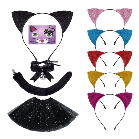 Cerchietto Orecchie Da Gatto Glitter Coda Di Peluche Pizzo Campanello Choker Gonna In Tulle Halloween Cosplay Costume Festa