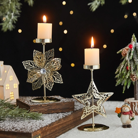 Christmas Candle Holder Metal Iron Reindeer Snowflake Star Tree Holiday Table Desktop Decoration Golden