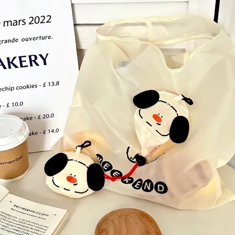 Foldable Shopping Bag Portable Large Capacity Eco Friendly Waterproof Polyester Tote Cartoon Dog Cat Print For Travel Grocery