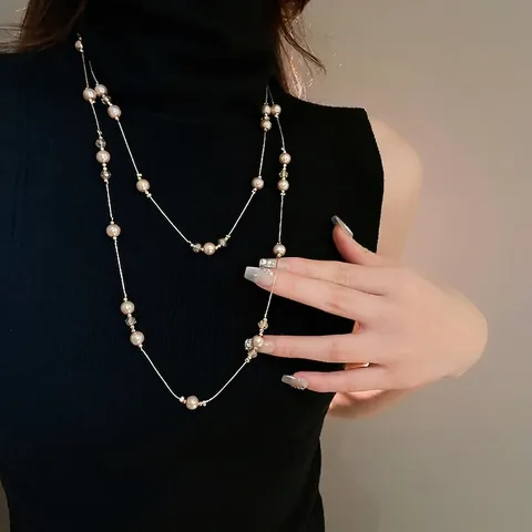 Collier Long Style Français Superposé Alliage Künstliche Perles Artificielles Cristal Chaîne De Pull Accessoire Élégant Pour Femme