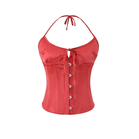 Women's Vintage Satin Halter Corset Top Sexy Lace Up Front Hook And Eye Closure Slim Fit Sleeveless Party Camisole Top