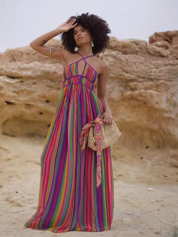 Dames Regenboog Strepen Maxi Jurk V Hals Halter Rugloos Boho Zomer Strand Vakantie Polyester Mouwloos Lang Gewaad