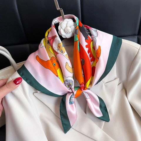 Women's Fashion Satin Square Scarf Vintage Cartoon Cat Print Elegant Chic Daily Neck Scarf Accessories