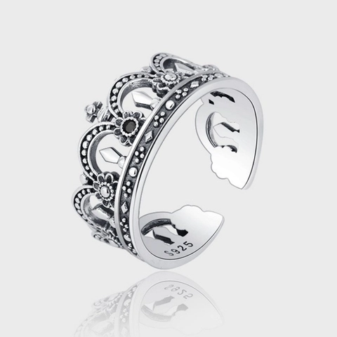 Anello Aperto Corona Vintage Argento Sterling 925 Invecchiato Retrò Gioiello Da Dito Regolabile Per Donna Con Zircone Nero