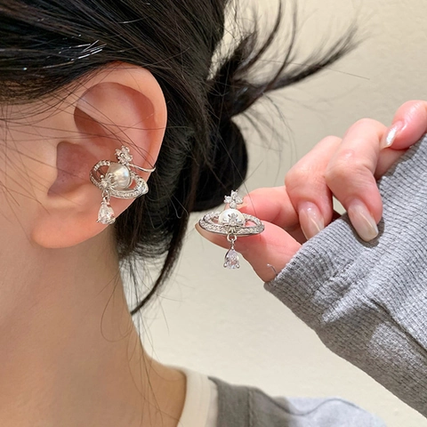 Planeet Saturnus Ear Cuff Met Imitatieparel Zirkoon Waterdruppel Hanger Clip Oorbellen Voor Dames