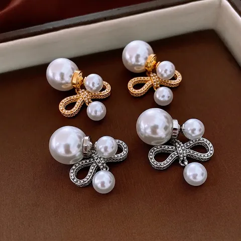 Elegant Bowknot Artificial Pearl Drop Earrings With 925 Sterling Silver Earring Post Alloy Zircon Retro Fashion For Women