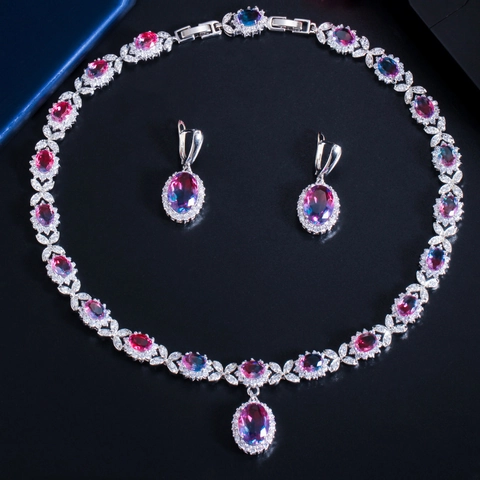 Luxus Brautschmuck Kupfer AAA Zirkon Farbverlauf Edelstein Halskette Und Ohrringe Für Hochzeit Abendparty Damen