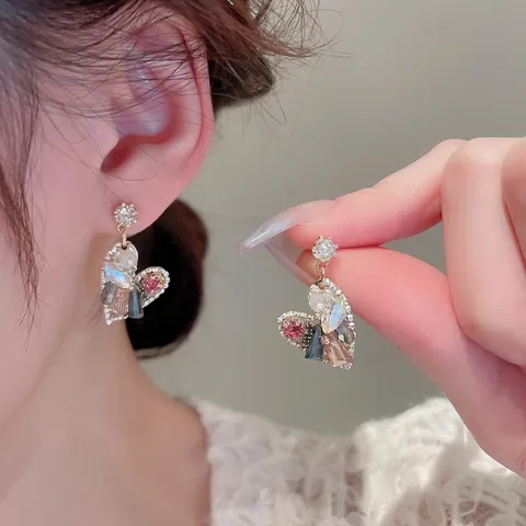 Orecchini Pendenti Cuore Lega Zircone Cristallo Colorato Moda Lusso Gioielli Donna Con Perno In Argento 925
