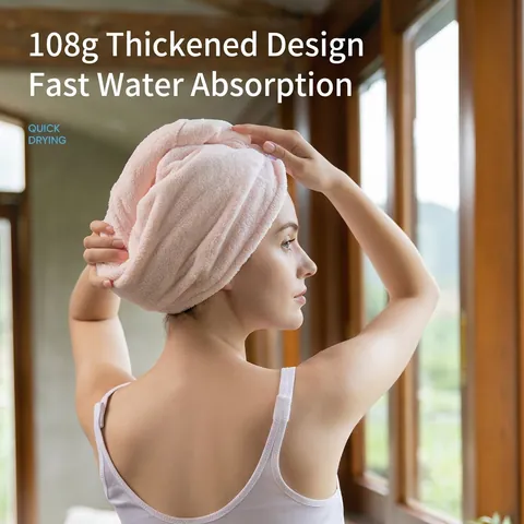 Thickened Coral Fleece Hair Drying Cap Super Absorbent Quick Drying Soft Hair Towel Wrap With Cute Button Closure