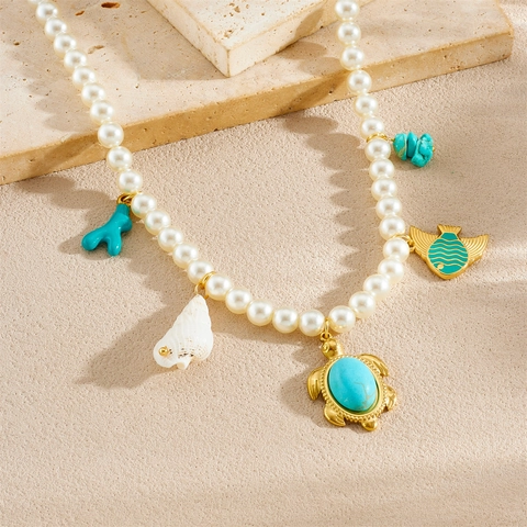 Ocean Theme Artificial Pearl Necklace 304 Stainless Steel Gold Plated Turtle Fish Shell Pendants Summer Beach Vacation Jewelry Women