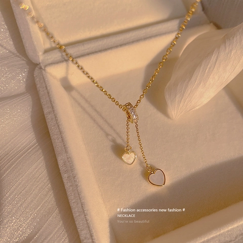 Titanstahl Zirkonia Doppelherz Anhänger Halskette Für Damen Vergoldete Perlmutt Schlüsselbeinkette Schmuck Geschenk