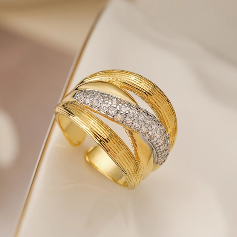 Multi Layer Intersecting Welle Verstellbarer Offener Ring Kupfer 18K Vergoldet Zirkon Mode Luxus Vintage Damen