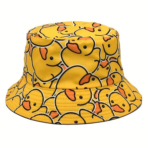 Vissershoed Met Cartoon Kleine Gele Eend Print Zonbescherming Casual Outdoor Mode Hoofddeksels Polyester Katoen