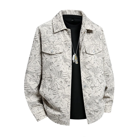 Men's Plus Size Casual Corduroy Jacket Fashion Hong Kong Style Lapel Leaf Printed Top For Spring Autumn Retro Outerwear