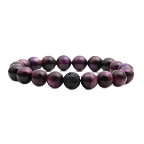 Bracciale Di Perline In Pietra Occhio Di Tigre Viola Fatto A Mano Tondo Elastico Roccia Vulcanica Minimalista Unisex