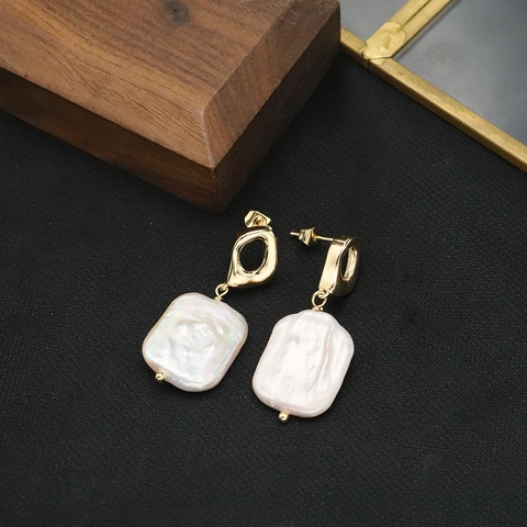 Elegant Baroque Freshwater Pearl Drop Earrings For Women Vintage Gold Plated Alloy Hollow Rhombus 925 Sterling Silver Post