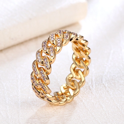 Cuban Link Ring Brass Gold Plated Full Zircon Iced Out Hip Hop Style Jewelry For Men And Women
