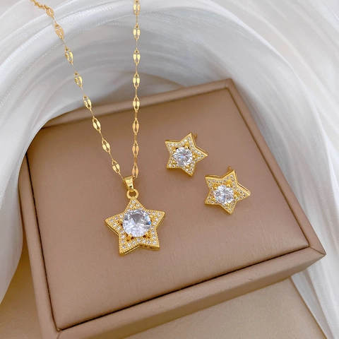 Pentagram Zircon Necklace And Star Earrings With Silver Earring Post Titanium Steel Elegant For Women