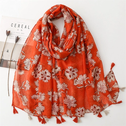 Women Scarf Shawl Large Floral Print Polyester Voile Cotton Linen Feel Tassel Fringe Thin Sun Protection Beach Wrap Elegant Fresh