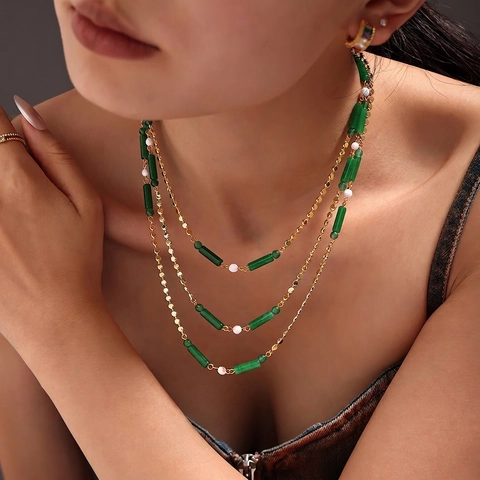Collana Di Perle Acciaio Inossidabile Aventurina Verde Placcato Oro Forma Bambù Catena Clavicola Donne Stile Cinese