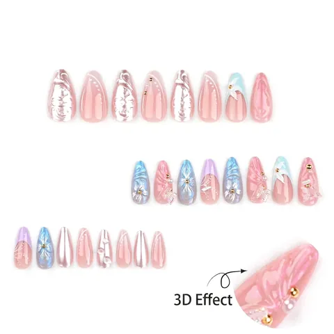 Uñas Postizas De Almendra Con Flor De Mariposa Francesa Ondulación De Agua 3D Para Mujeres Estilo Dulce