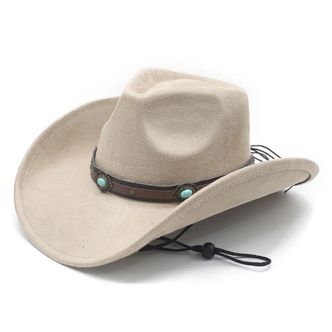 Western Cowboy Hat Suede Texture Wide Brim With Turquoise Beads Ethnic Leather Band Adjustable Windproof Rope For Outdoor