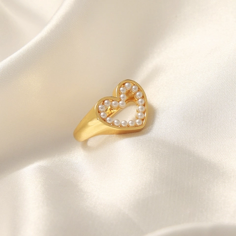 Copper Gold Plated Hollow Heart Open Ring With Imitation Artificial Pearl Adjustable Elegant Retro Trendy Jewelry For Women