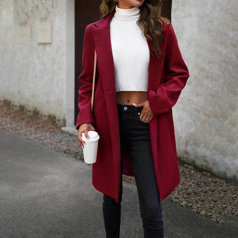 Abrigo De Longitud Media Para Mujer Elegante Color Sólido Poliéster Estilo Mezcla De Lana Solapa Botonadura Sencilla Oficina