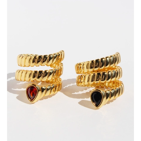 Vintage Brass Zirconia Snake Shaped Spiral Open Ring For Women personalized Three Layer Texture Water Drop Zirconia Joint Ring