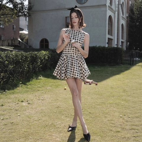 Dames Gingham Geruite Mini-jurk Mouwloos Polyester Knoop Sluiting Geplooid A-Lijn Zoet Vintage Casual