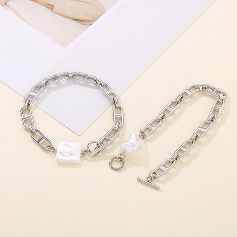 Anchor Link Bracelet Stainless Steel With Irregular Artificial Baroque Pearl Toggle Clasp Minimalist Jewelry Gift For Women