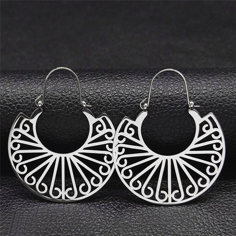 Boucles d'Oreilles Éventail Ajourées en Acier Inoxydable Bohème Vintage Géométrique Irrégulier Sculpté pour Femme Bijoux