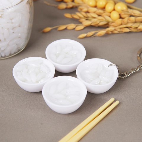 Miniature White Rice Bowl Food Play Simulation PVC Realistic Dollhouse Accessory Keychain Pendant Bag Charm Decor