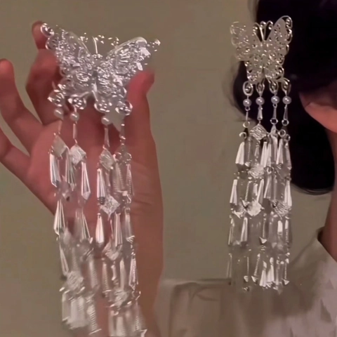 Molletta Per Capelli Farfalla Con Nappina Lega Perla Artificial Sintetica Cavo Stile Tradizionale Cinese Etnico Vintage Elegante
