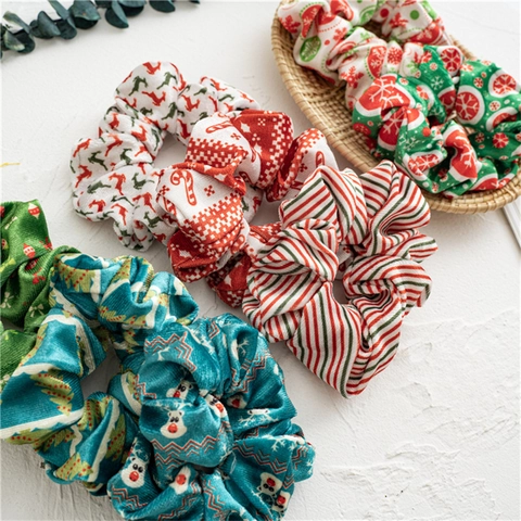 Christmas Hair Scrunchies Fabric Velvet Elastic Snowflake Elk Snowman Printed Holiday Party Hair Ties Accessories