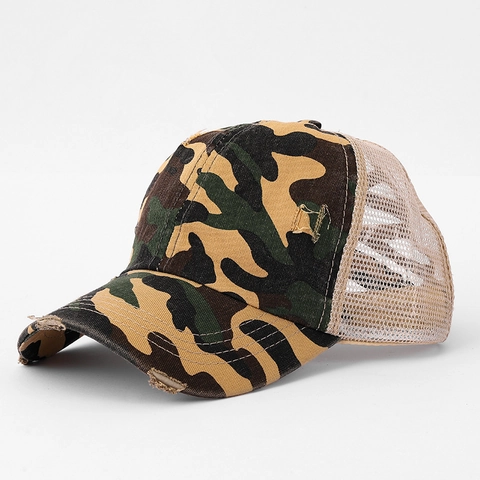 Distressed Luipaard Camo Honkbalpet Mesh Trucker Pet Paardenstaart Ademend Verstelbaar Outdoor Retro Mode Vrouwen
