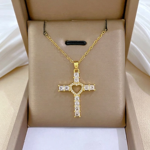 Collana Con Ciondolo A Croce E Cuore Tono Oro Catena In Acciaio Inossidabile Gioielli In Zircone Per Donna Regalo Moda