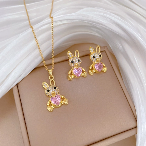 Schattige Konijn Ketting En Oorbellen Titanium Staal Koper Roze Hart Zirkoon Met Zilveren Oorsteker Luxe Sieraden Voor Dames