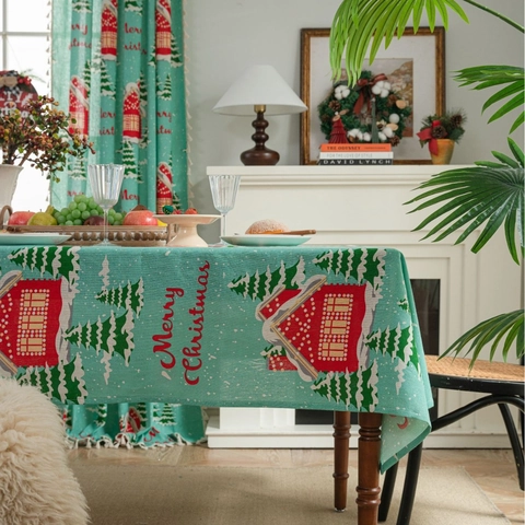 Christmas Tablecloth Rectangular Cotton Linen Blend Festive Dining Table Cover Holiday Party Decoration House Tree Prints