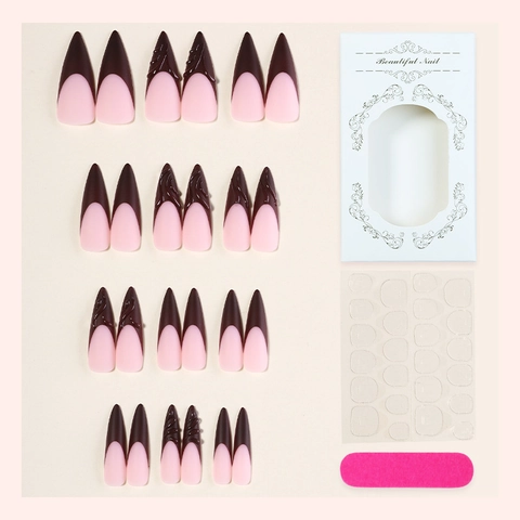 Unghie Finte Press On Stiletto Lunghe 3D Rilievo French Tip Rosa Nude Rosso Scuro Design Fluido Manicure DIY Donna