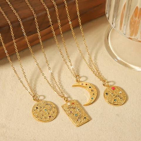 Collana Con Pendente Sole Luna Stella Acciaio Inossidabile Placcato Oro 18K Gioielli Bohémien Celesti Per Donna Martellata